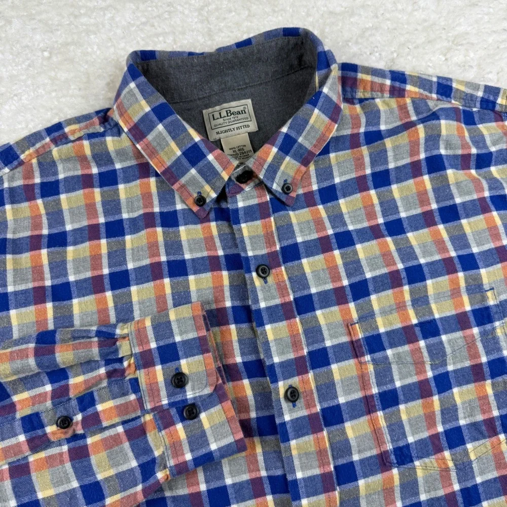 L.L. Bean Button Down Shirt Mens XL Blue Orange Plaid Flannel Collar 294213